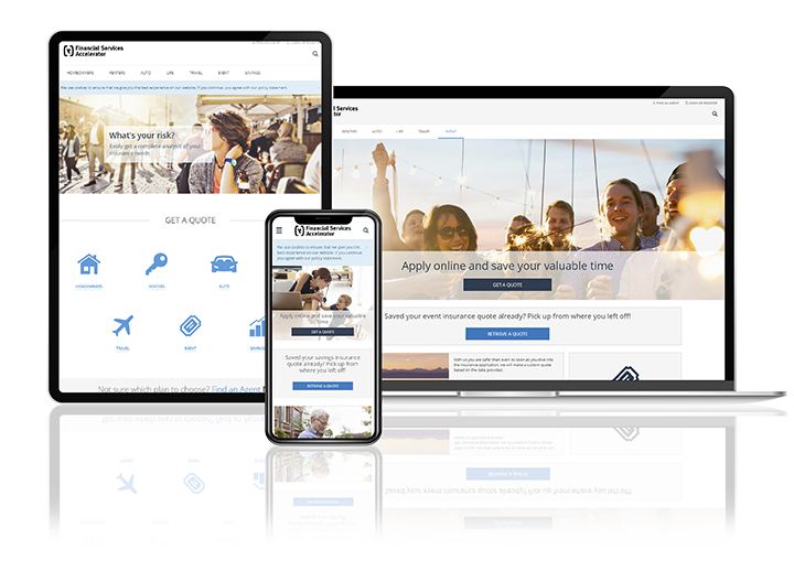 Mockup einer responsiven Versicherungs-Website auf Laptop, Tablet und Smartphone. Die Website zeigt ein modernes Design mit einem Angebot zur Online-Antragstellung und Versicherungsangeboten."