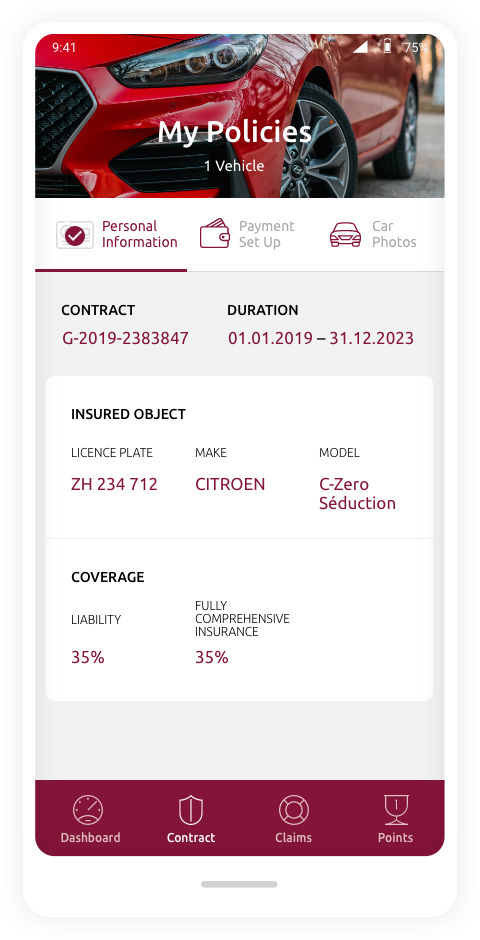 Screenshot einer Versicherungs-App mit Vertragsdetails für ein Citroën C-Zero, inkl. Laufzeit, Kennzeichen und Deckung. Navigation für Konto und Vertrag unten.