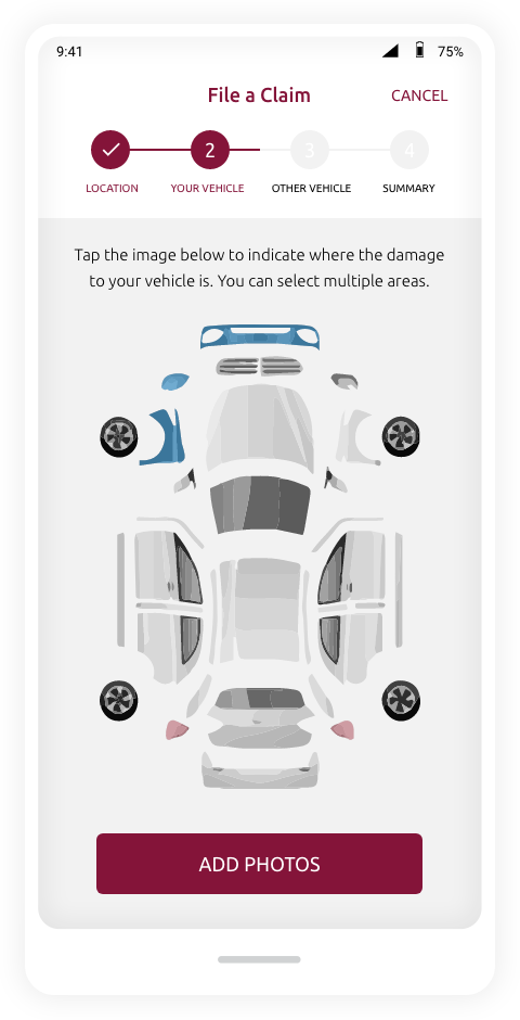 App-Screenshot zum Melden eines Schadens. Nutzer kann auf ein Fahrzeugdiagramm tippen, um beschädigte Bereiche zu markieren. Schritt 2 von 4: 'Your Vehicle'. Button 'ADD PHOTOS' unten. App-Screenshot zum Melden eines Schadens. Nutzer kann auf ein Fahrzeugdiagramm tippen, um beschädigte Bereiche zu markieren. Schritt 2 von 4: 'Your Vehicle'. Button 'ADD PHOTOS' unten.