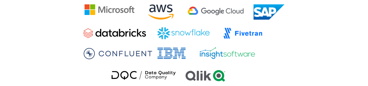Logos von Microsoft, aws, Google Cloud, SAP, databricks, snowflake, Fivetran, confluent, IBM, insight software, DQC - Data Quality Software, Qlik