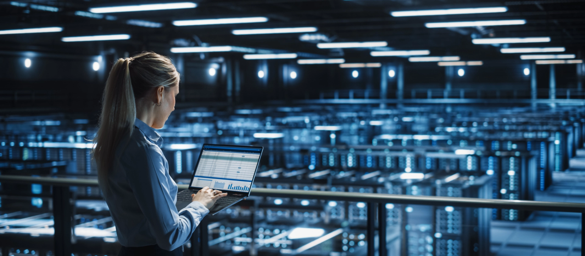 Webseiten Domainregister Frau mit Laptop im Rechenzentrum 