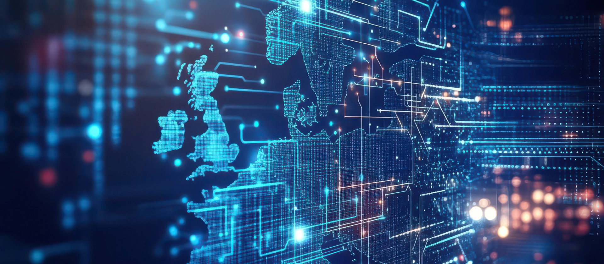 Aerial view of Europe illuminated by digital connections 
