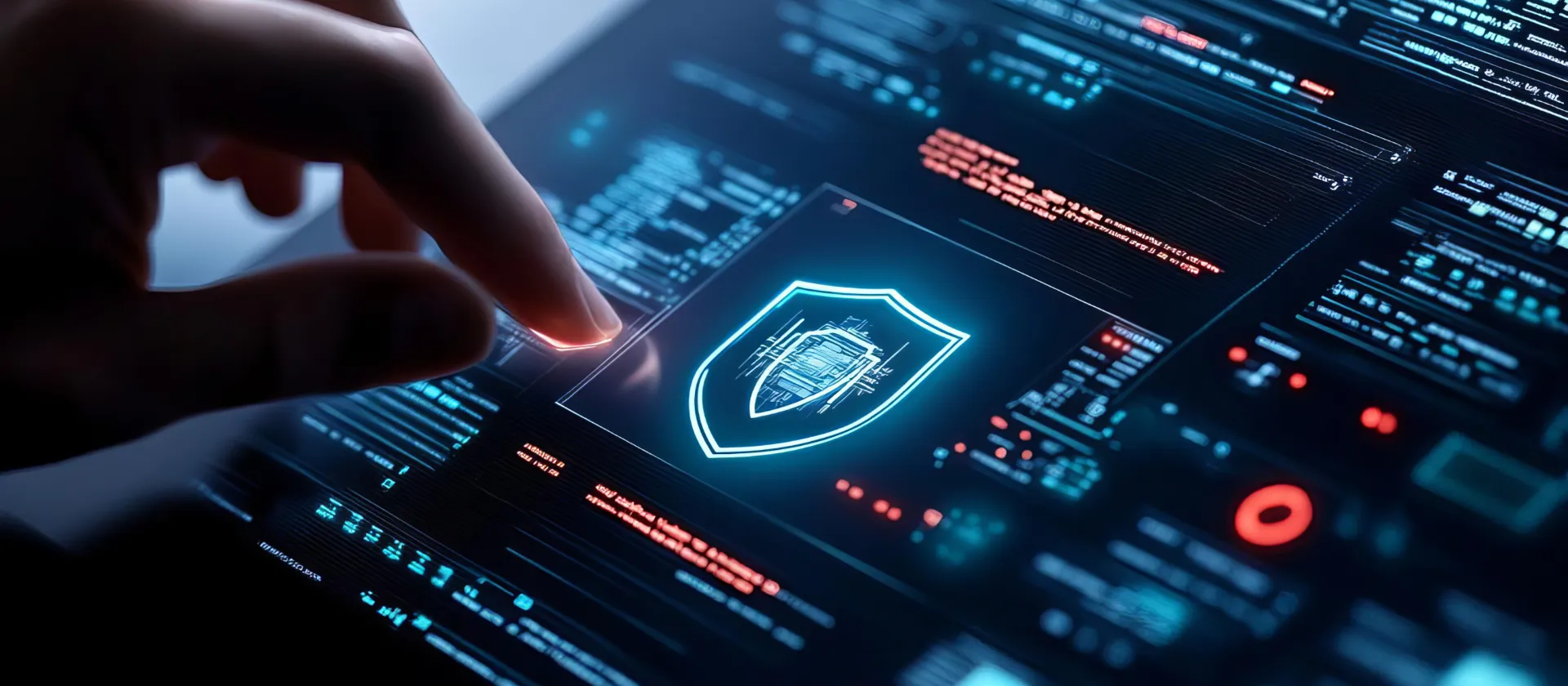 Cybersecurity interface, holographic threat detection, digital shield visualization