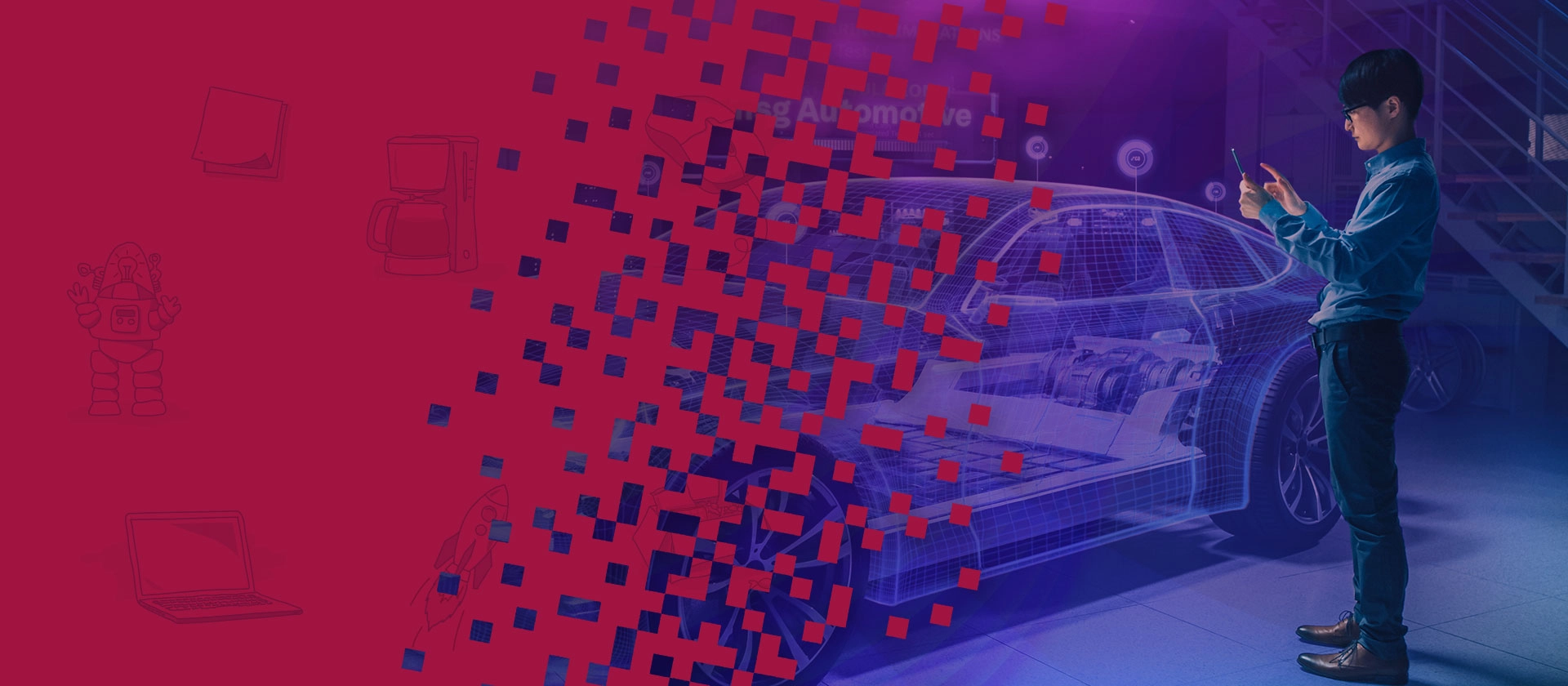 Banner msg for automotive - aus rot löst sich eine Person die digital an einem Fahrzeug arbeitet