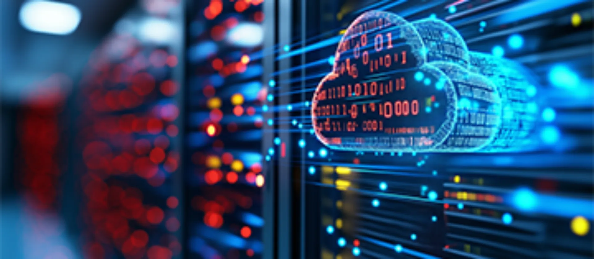  Cloud-Symbol mit Binärcode vor Servern – steht für Cloud-Computing und Datentransfer.