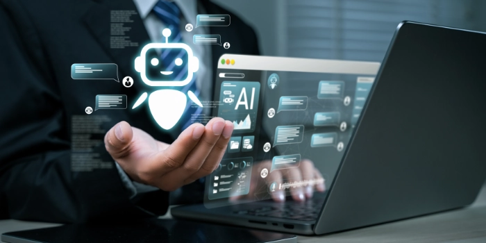 Man uses laptop with AI assistant for graphic design, translation, chatbot, image creation, coding, and advertising.