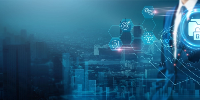 "Ein Geschäftsmann in Anzug berührt eine holographische Benutzeroberfläche mit einem Symbol für Datensicherheit – eine geöffnete Akte mit einem Schloss. Im Hintergrund eine futuristische Stadtlandschaft mit digitalen Datenvisualisierungen und Symbolen für Innovation, Sicherheit und Zielerreichung.