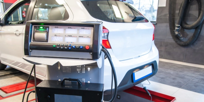 Software von weißem Auto wird überprüft