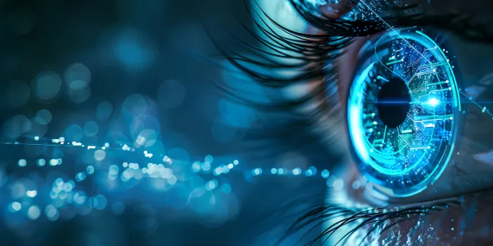 Symbolic image for  AI Compliance Framework: Close-up of a blue eye with digital structures – symbolizing AI-powered compliance monitoring
