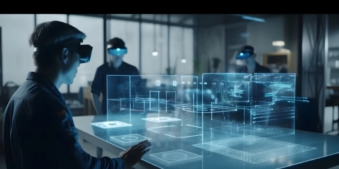 Person mit VR-Brille und Hologramm als Digitaler Zwilling