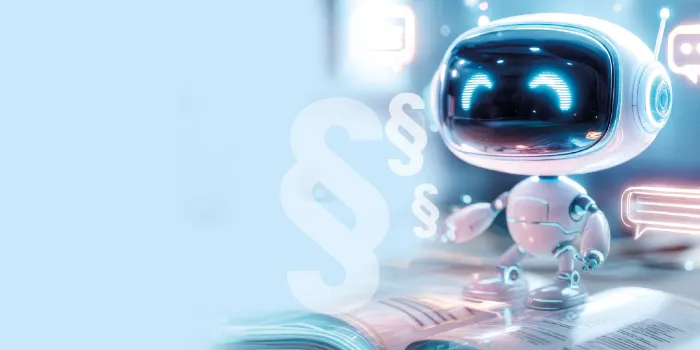 Roboter mit Paragraphenzeichen – Symbol für KI in Recht und Compliance.