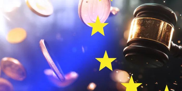 Symbolic image for Sanctions Compliance: EU flag with falling coins and gavel – symbolizing sanctions compliance, EBA guidelines, and financial regulation