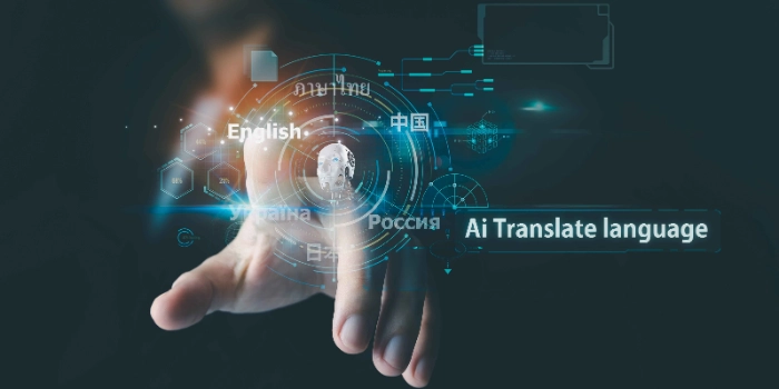Individuals use the internet and advanced holographic graphics and AI technology for smooth translation.
