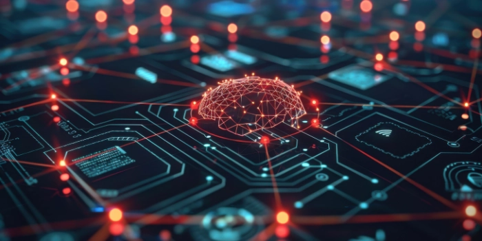 AI neural network as real-time fraud detection, suspicious transactions in red, cybersecurity concept blur.