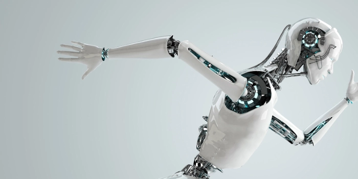 Symbolic image for AI-based data products: White humanoid robot in running motion – representing speed, automation, precision, and future-ready compliance technology.