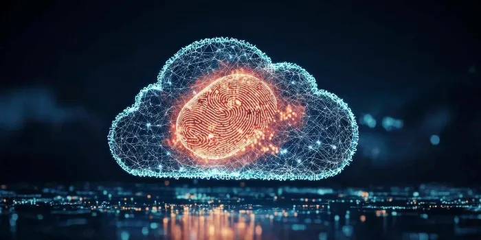 A fingerprint dissolving into a digital cloud represents the intersection of forensics and technology.