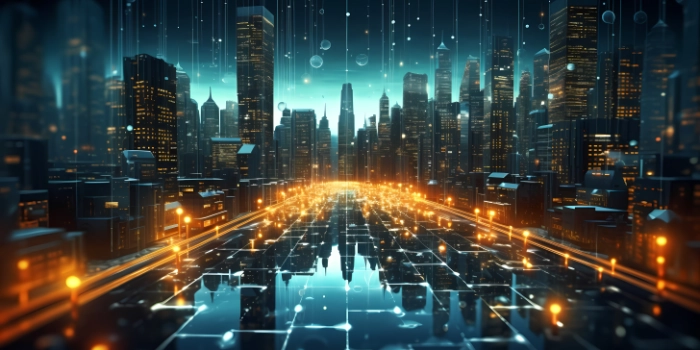 vibrant digital smart city at night