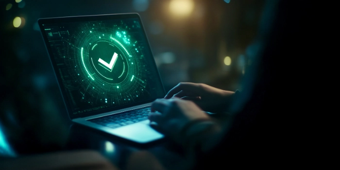 Symbolic image for digital compliance services: Laptop displaying a green checkmark on a futuristic interface – representing automation, efficiency, and secure, scalable compliance solutions for the digital era.