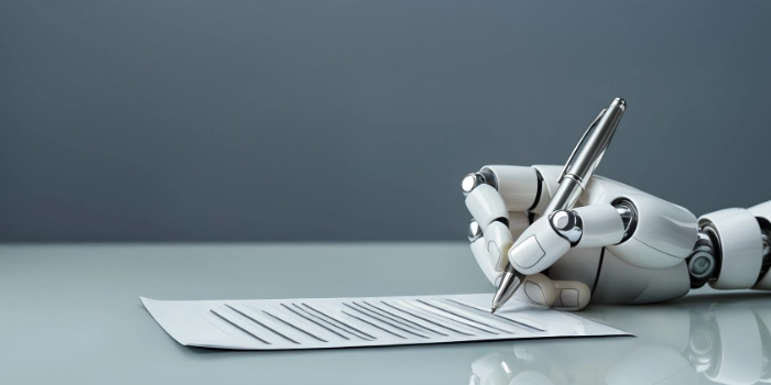 Symbolic image for AI-based regulatory monitoring: Robotic hand writing with a pen on a document – representing automated analysis, documentation, and intelligent governance in compliance.
