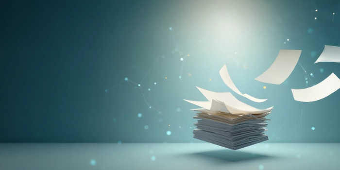 Symbolic image for compliance outsourcing: Stack of papers with sheets flying away on a digital background – representing relief, automation, and externalisation of compliance processes.