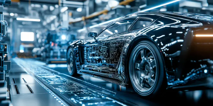 Digitalization concept in the car factory industry with automated robot arm assembly lines manufacturing high-tech