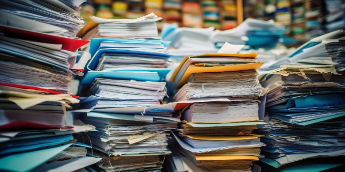 Aktenordner stapeln sich auf Tisch
