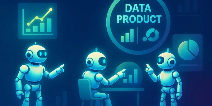 AI robots analyzing data visualizations and charts for data product development in a digital environment.