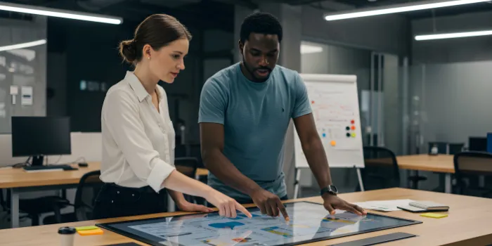 Diverse colleagues collaborate using a large interactive touchscreen display in a modern office workspace promoting teamwork and innovation.