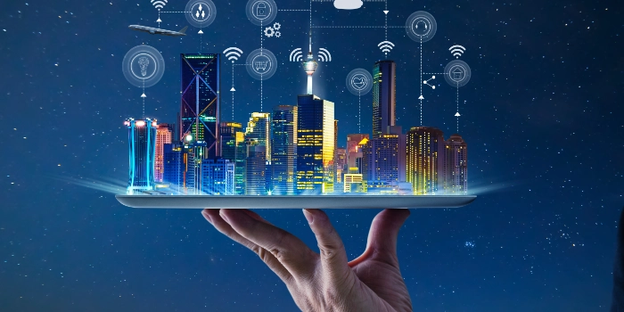 Hand mit einer digitalen Stadt