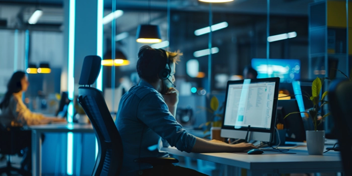 Cybersecurity-Wächter: Ein konzentrierter IT-Experte arbeitet bis spät in die Nacht und schützt Daten in einem hochmodernen Sicherheitsoperationszentrum, das vom kühlen Schein der Monitore beleuchtet wird.