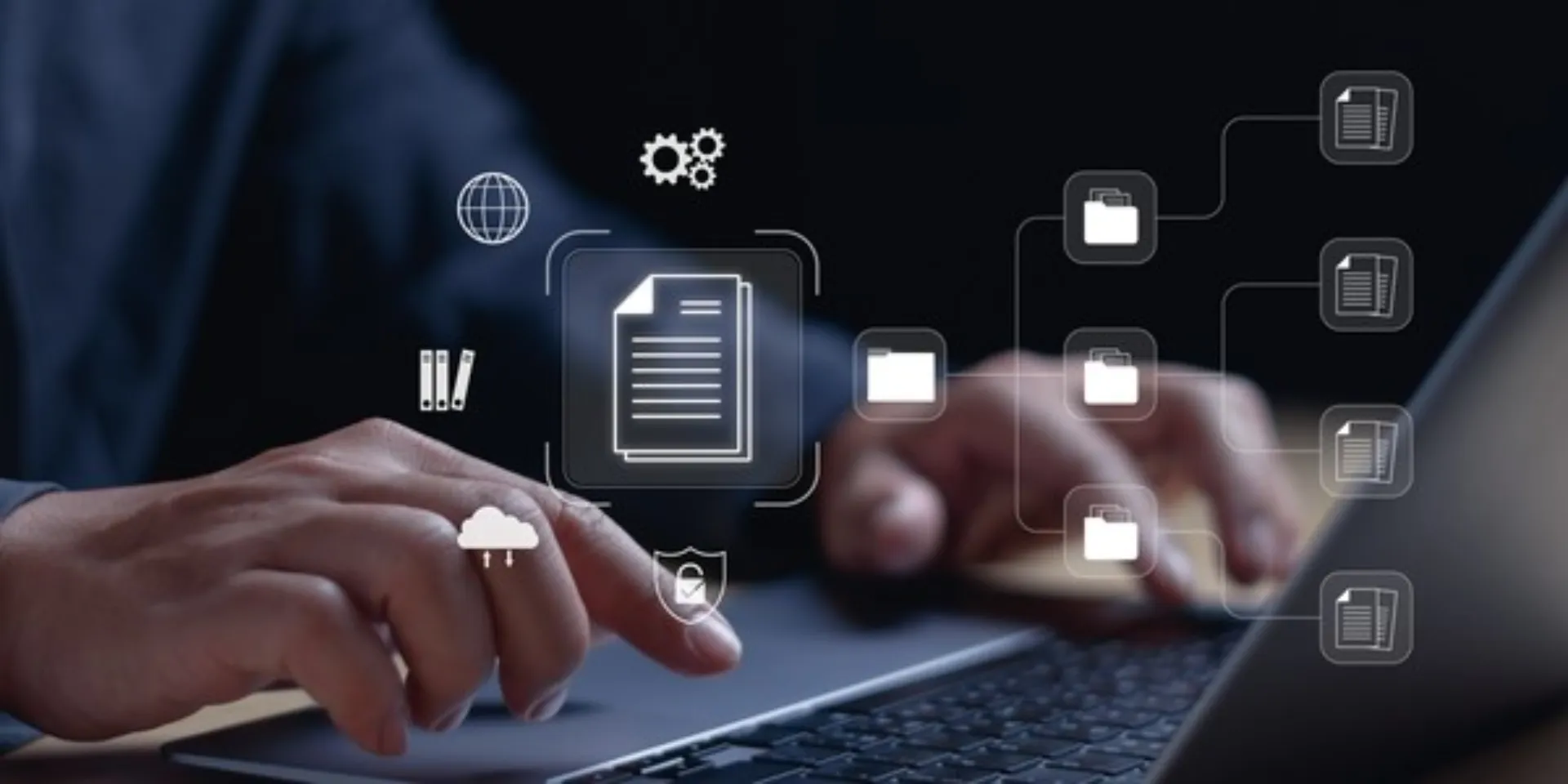 Concept Document Management System ,DMS or file storage and database, businessman hand typing on keyboard Show virtual screen to manage documents