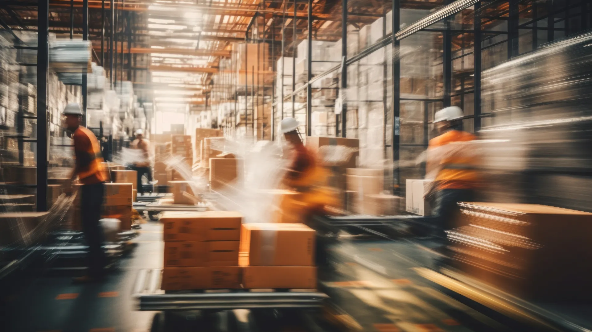 A busy warehouse scene captured with motion blur, showcasing the dynamic environment of logistics and supply. 