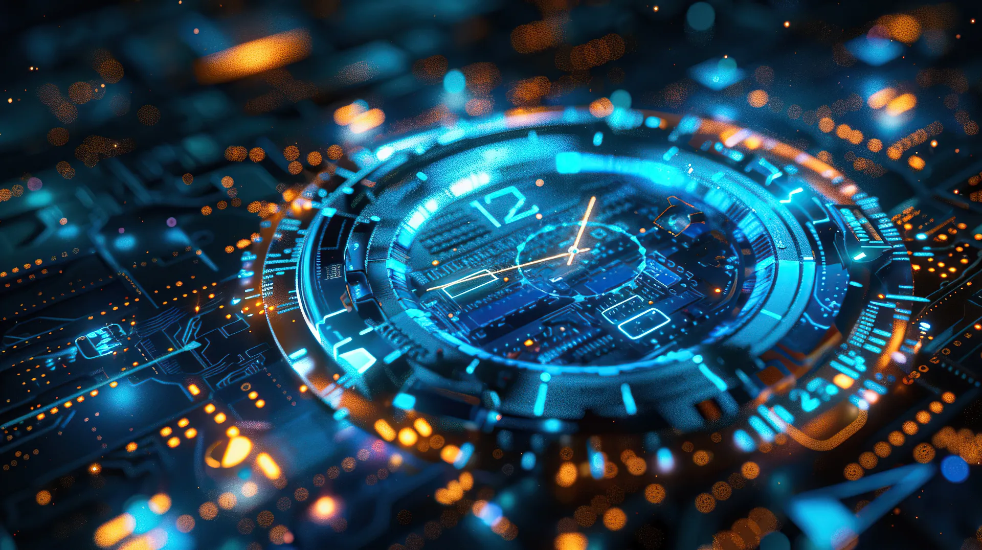 Futuristische digitale Uhr mit leuchtenden blauen und orangefarbenen Elementen auf einer abstrakten Leiterplatten-Oberfläche. Die Nahaufnahme zeigt ein technisch wirkendes Zifferblatt mit schwebenden Lichtpunkten und vermittelt Themen wie Zeitmanagement, Technologie und digitale Vernetzung.